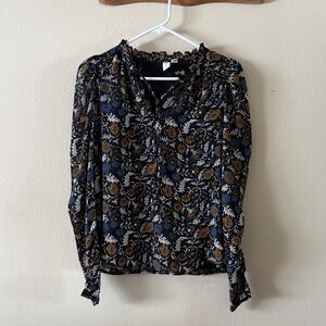 Joie Swiss Dot Floral Print Ruffle Tie-Neck Popover Blouse size XS